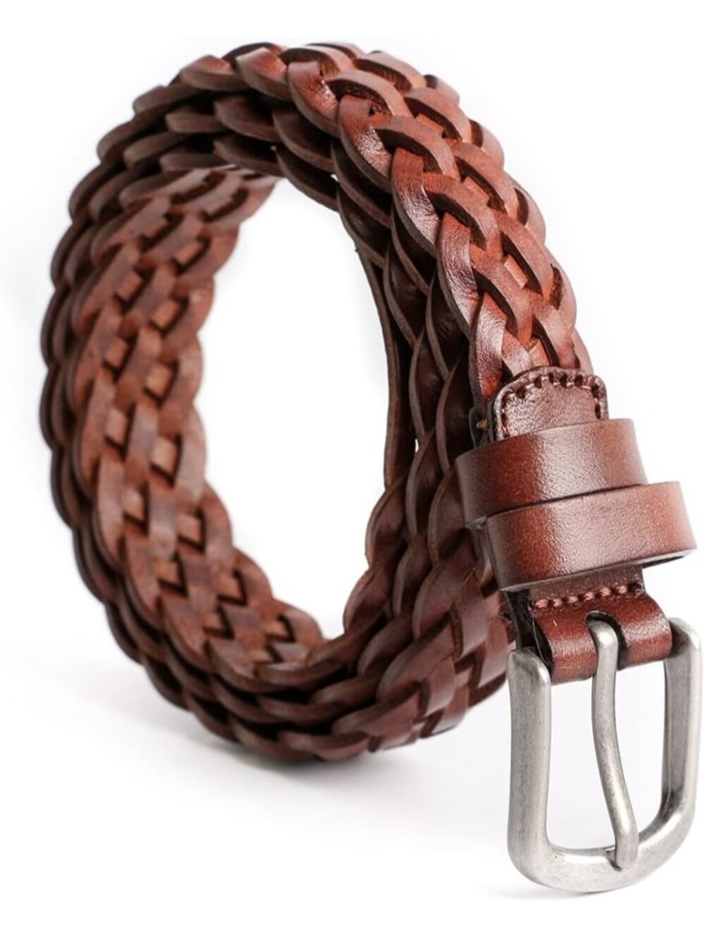 Women's Brown 2 Leather Belt Braided Leather Narrow Belt Adjustable Waist Strap